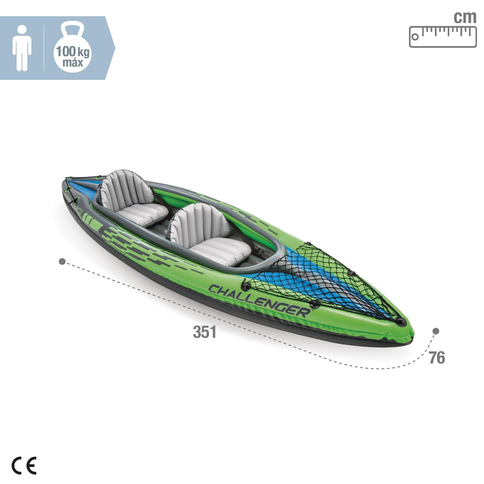 Grünes und blaues Schlauchboot mit zwei grauen Sitzen und den Maßen 351x76 cm, ideal für Wassersport.