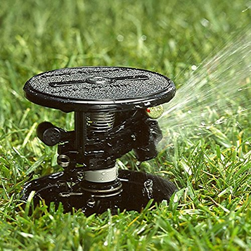 Ein schwarzer Rasensprenger sprüht Wasser über grünes Gras.