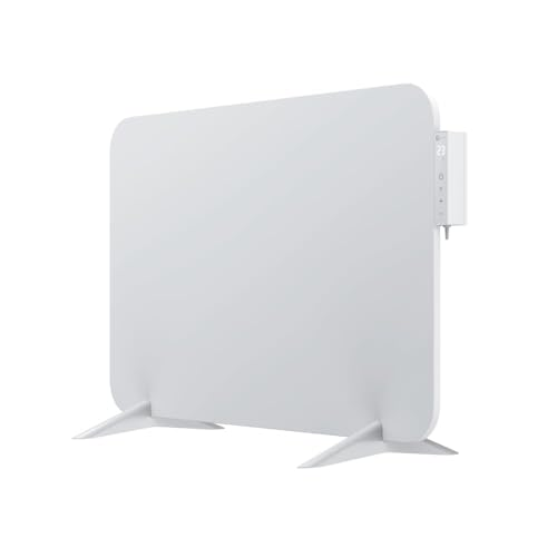 Un termosifone piatto, moderno e bianco, poggiato su due piedi su sfondo bianco.