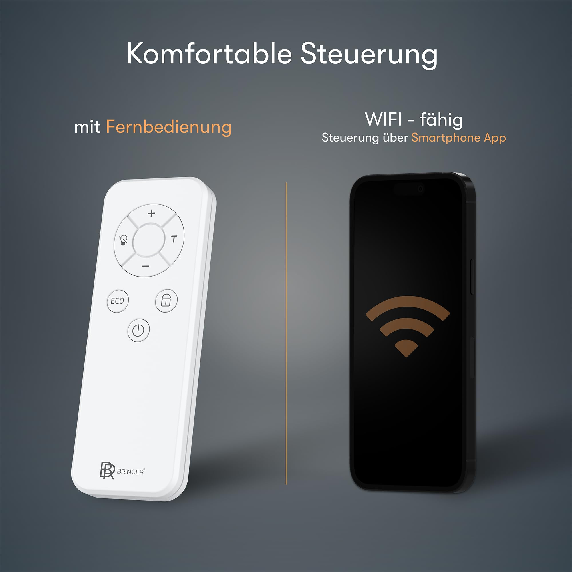 Un telecomando bianco e uno smartphone mostrano un comodo controllo tramite app o telecomando.