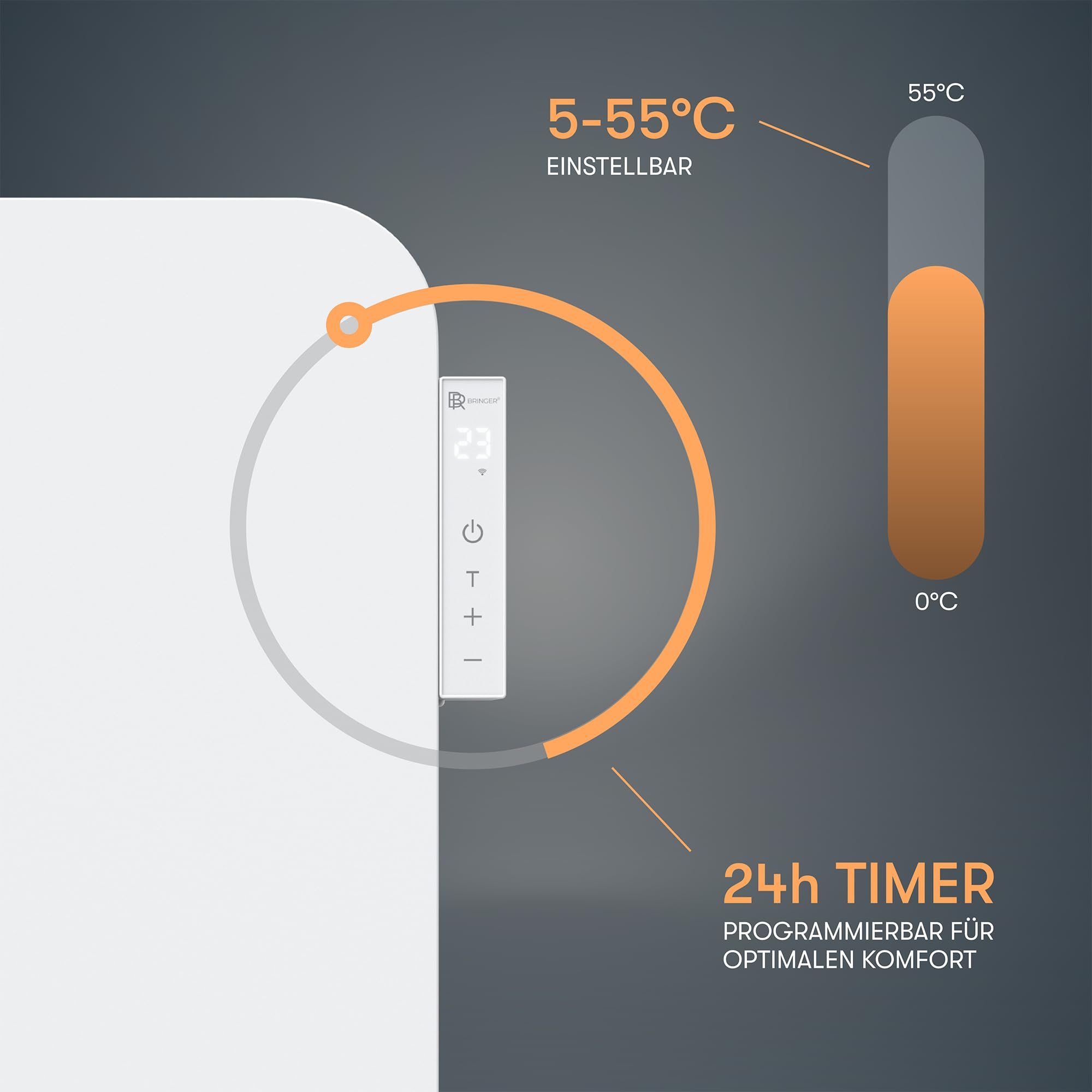 Il diagramma mostra un termostato regolabile 5-55°C e timer 24 ore.