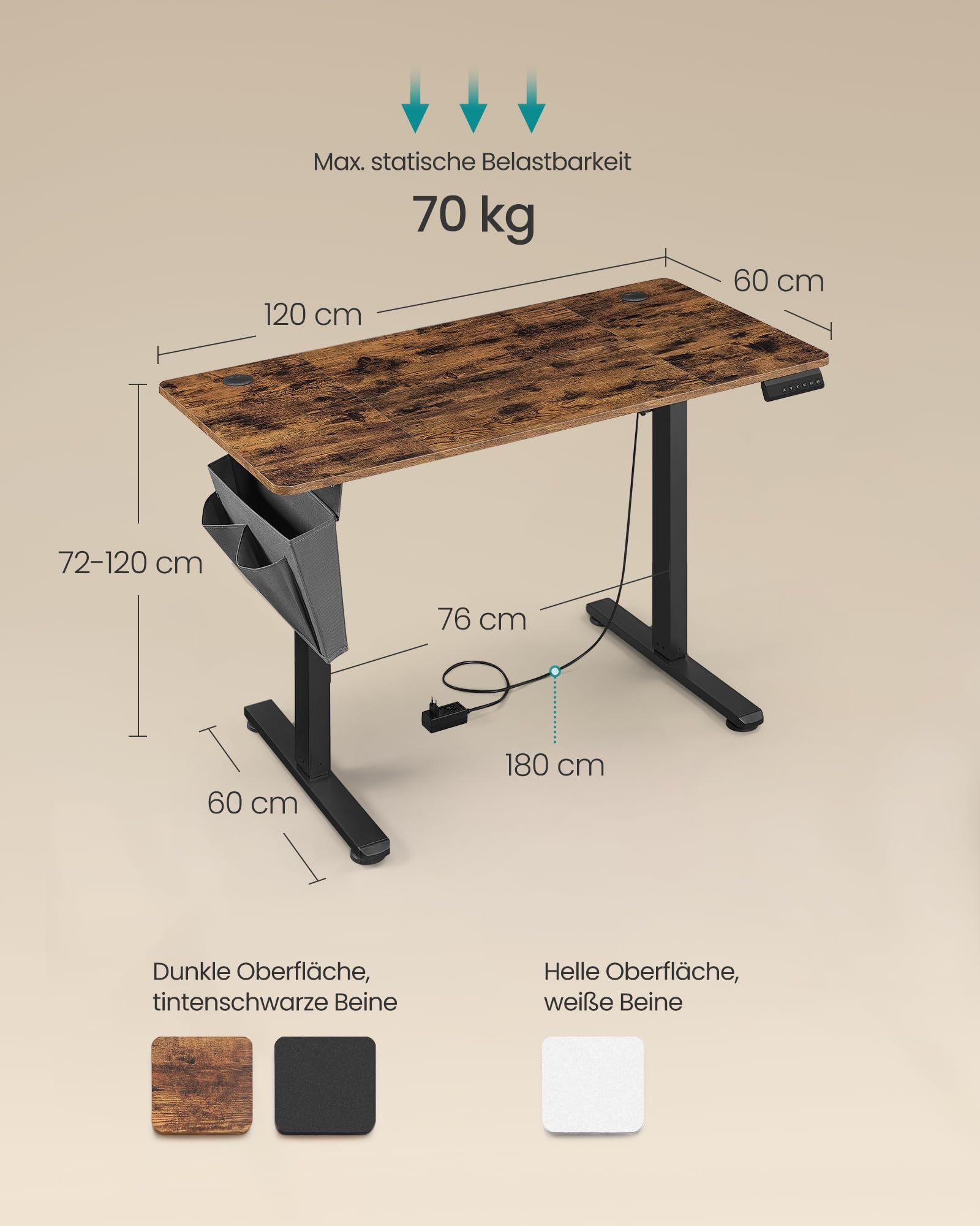 Bureau réglable en hauteur avec plateau en bois et dimensions.