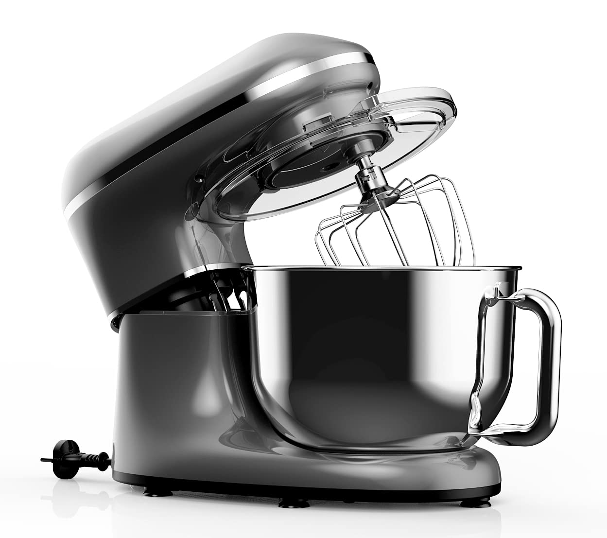 Moderna impastatrice grigia con ciotola in acciaio inox e frusta.