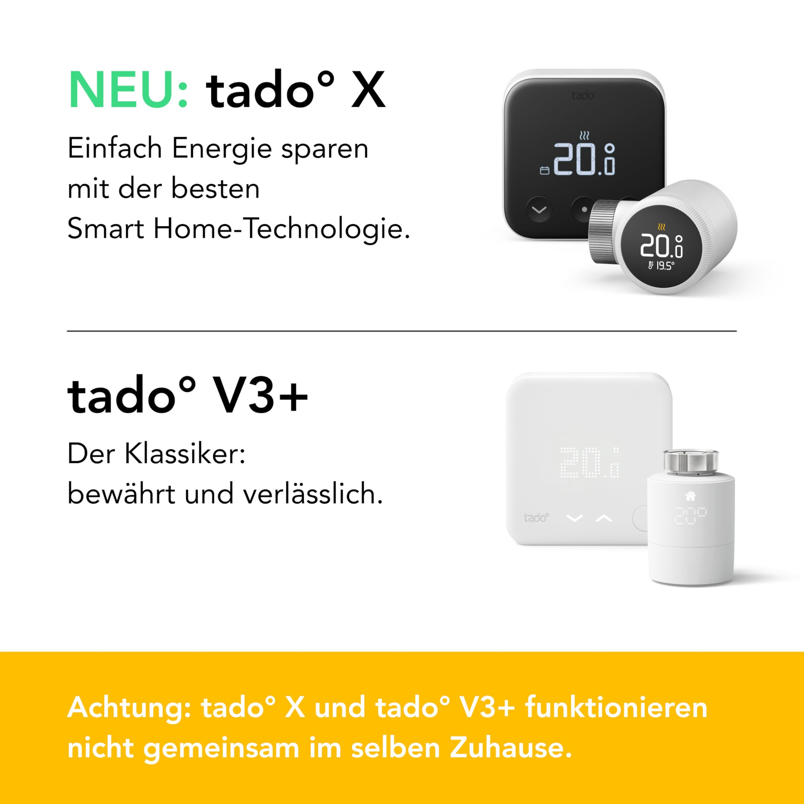 Werbung für Tado X und Tado V3+ Thermostate mit Vergleich und Hinweisen.