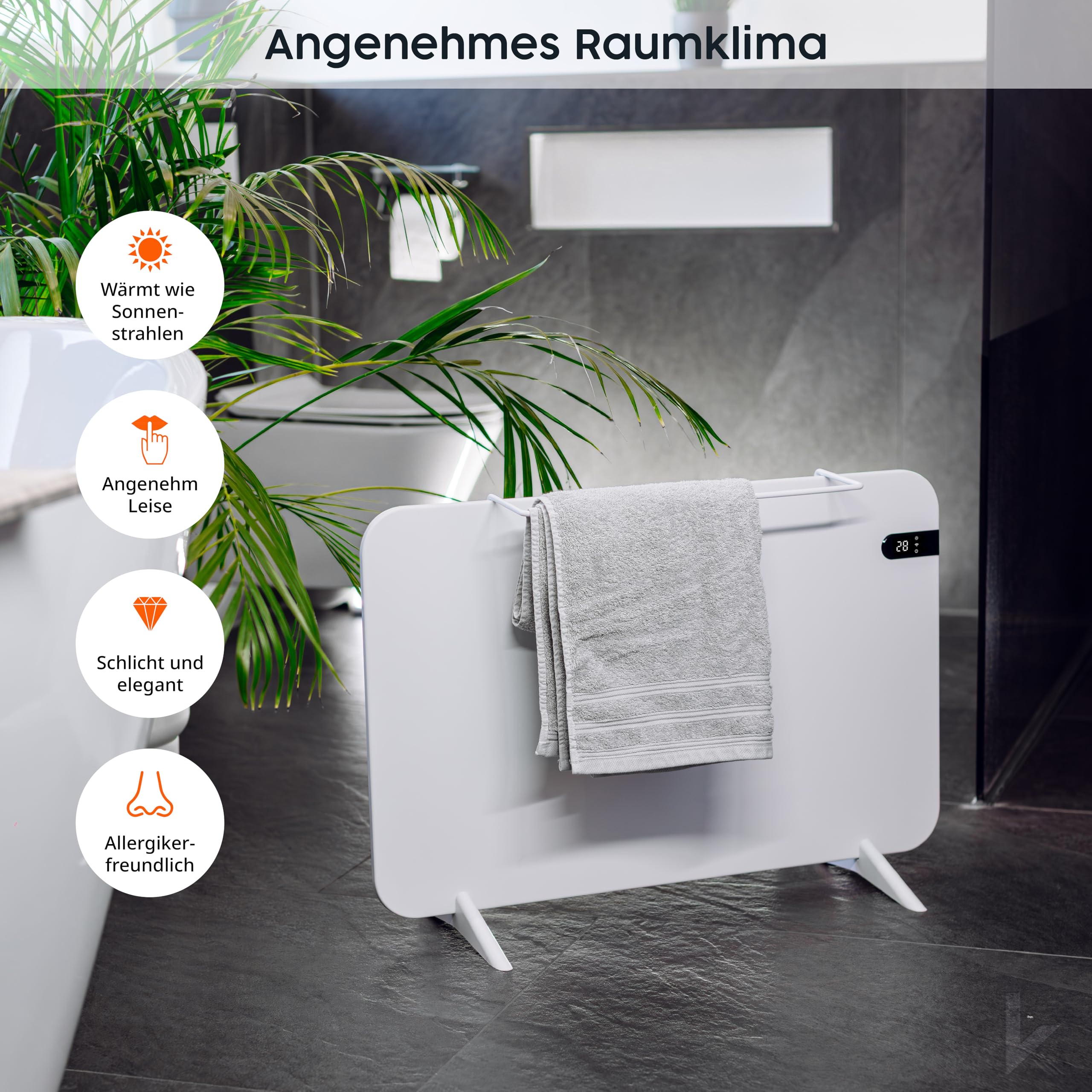 Termosifone da bagno bianco con asciugamano in un bagno moderno.