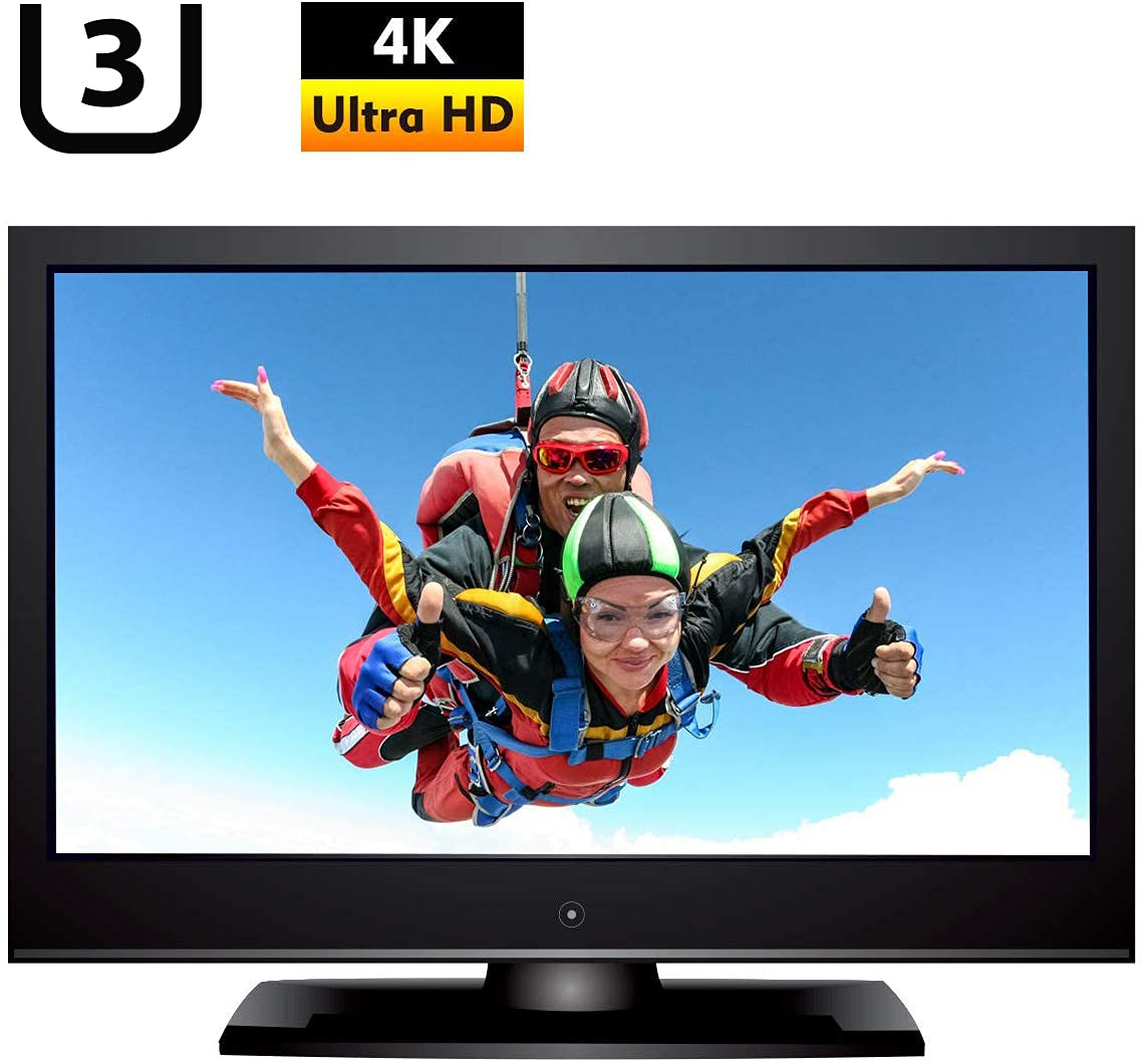Une télé affiche un saut en tandem sous un ciel bleu, avec du texte 4K Ultra HD et un logo 3.