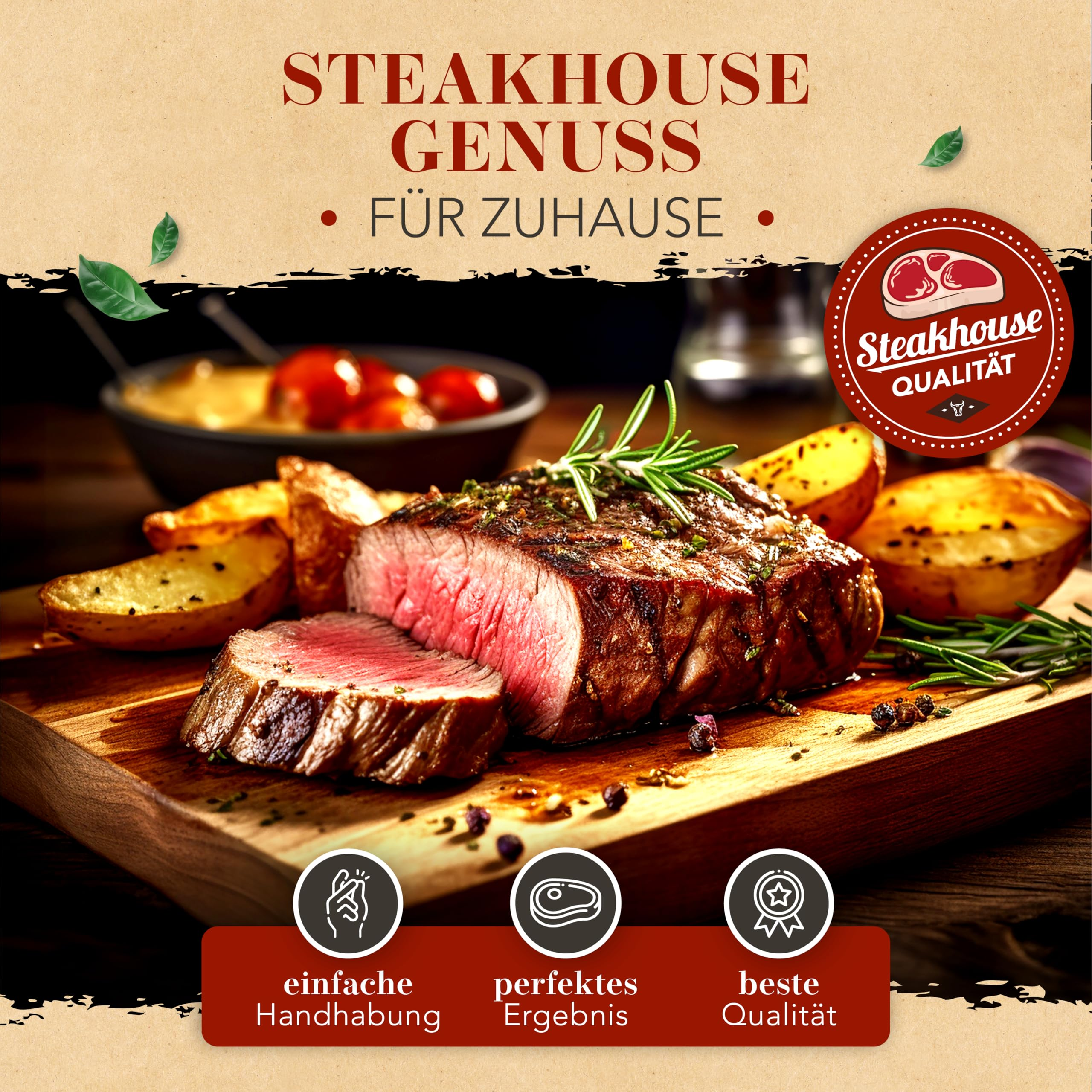 Ein saftiges Steak mit Rosmarin und Kartoffelecken auf einem Holzbrett vor rustikalem Hintergrund.