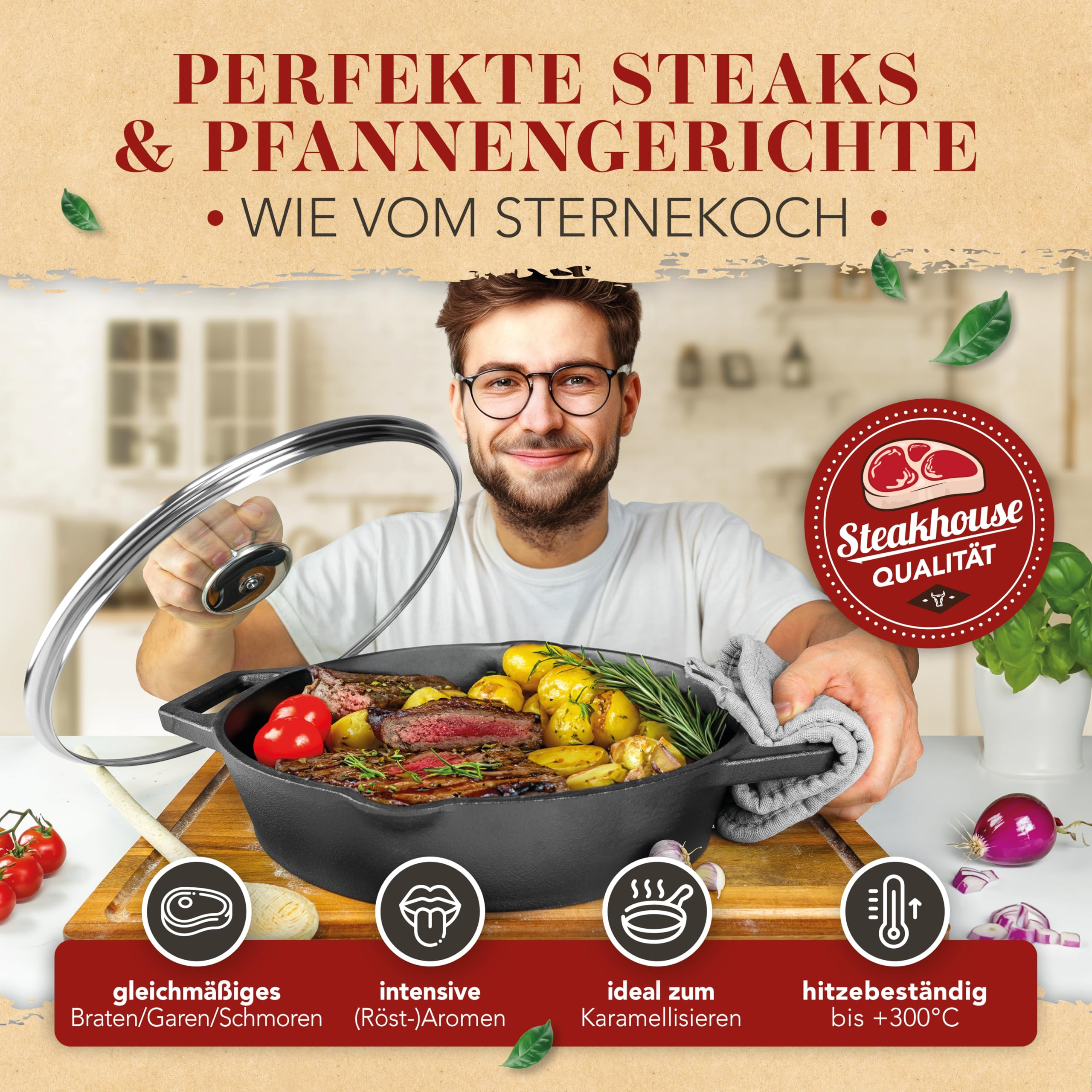 Mann hält Pfanne mit Steaks und Kartoffeln, Werbebanner mit Text über Sterneküche.