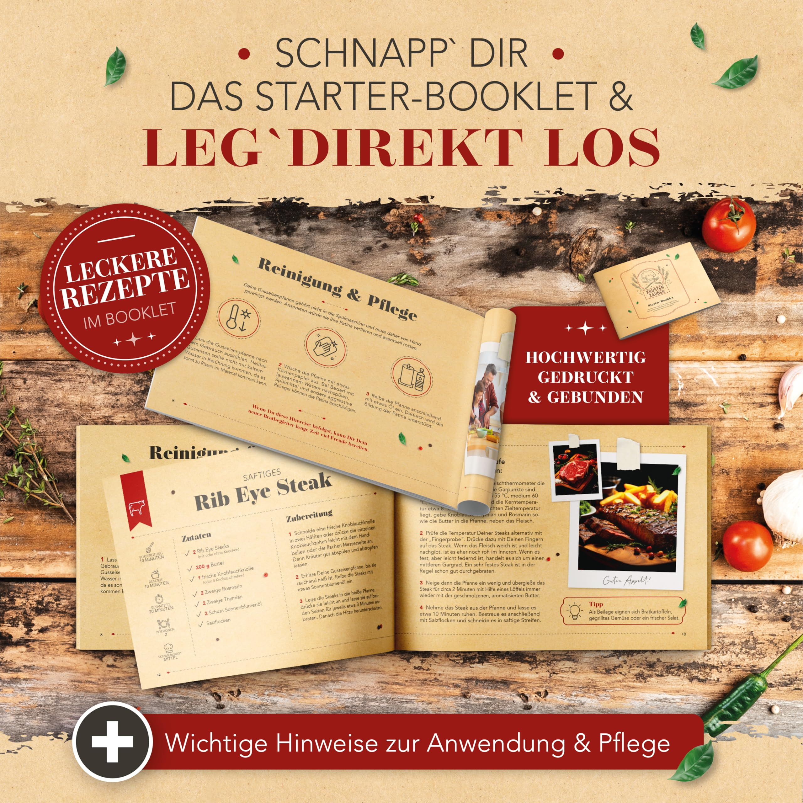 Geöffnetes Rezeptbuch auf Holztisch mit Tomaten, Kräutern und Text.