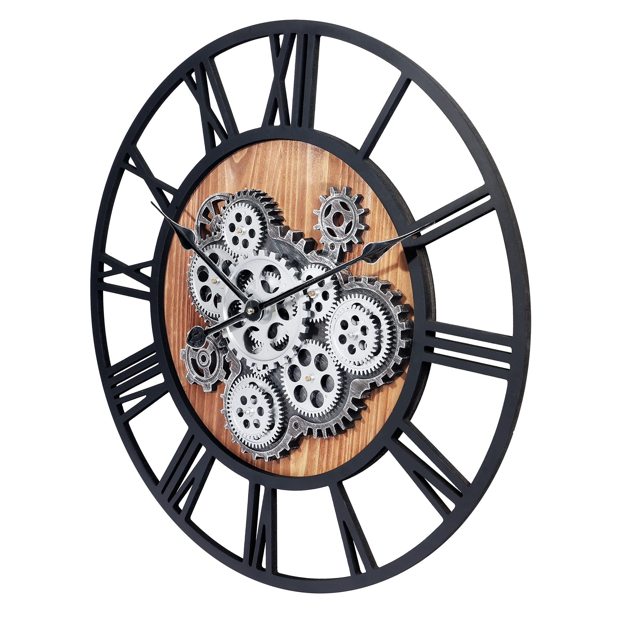Une horloge murale ronde avec des chiffres romains, un cadran en bois et des engrenages argentés visibles.
