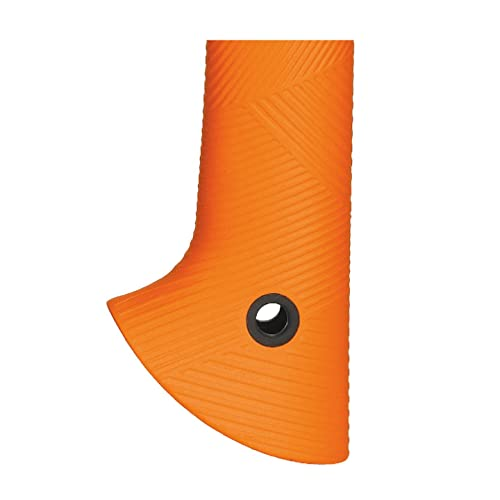 Un manche de hache orange avec des rainures diagonales et un trou rond à la base.
