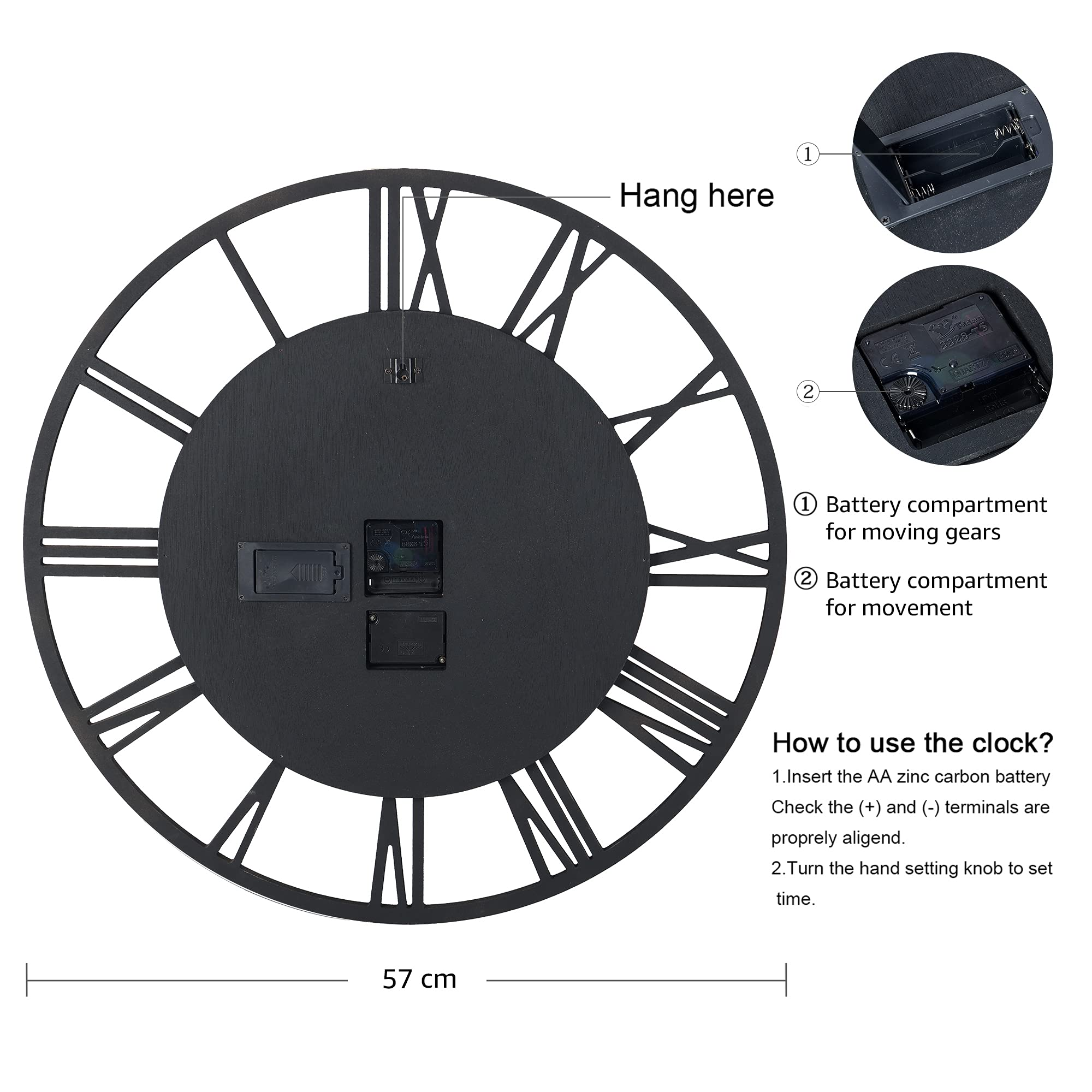 Dos d'une horloge murale noire avec chiffres romains et compartiments à piles.
