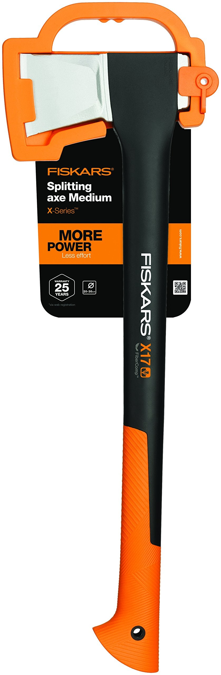 Mittlere Fiskars Spaltaxt X17 in schwarzer und orangener Farbe, in originaler Verpackung mit Kunststoffschutz.