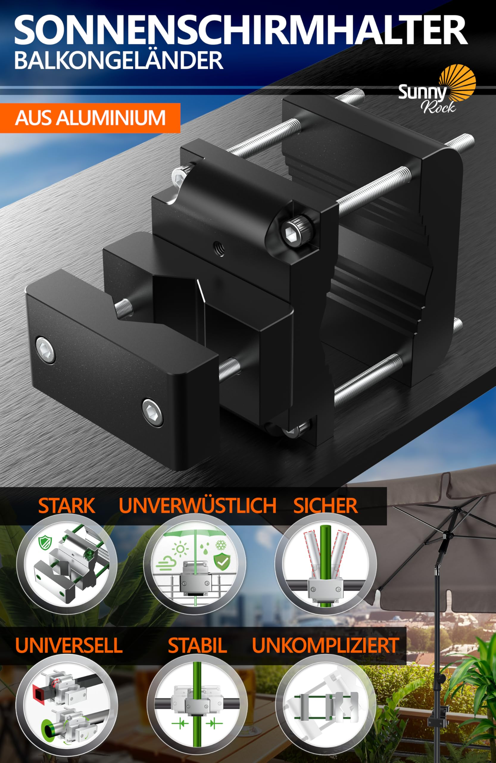 Support de parasol en aluminium noir pour balcon avec détails de montage et texte.