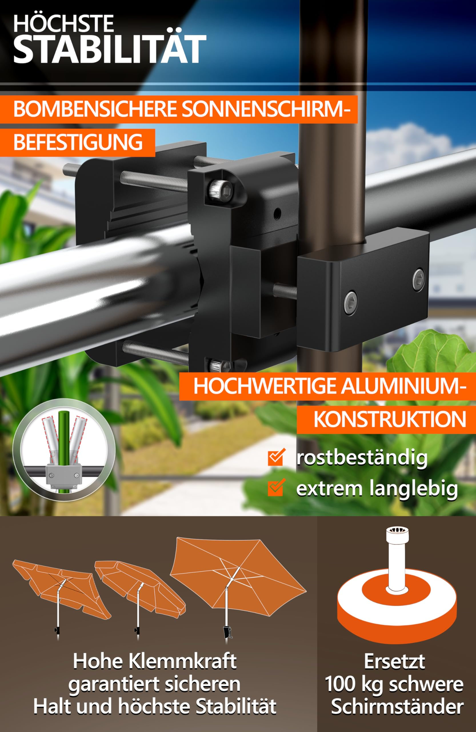 Le support de parasol en aluminium robuste remplace les pieds lourds.