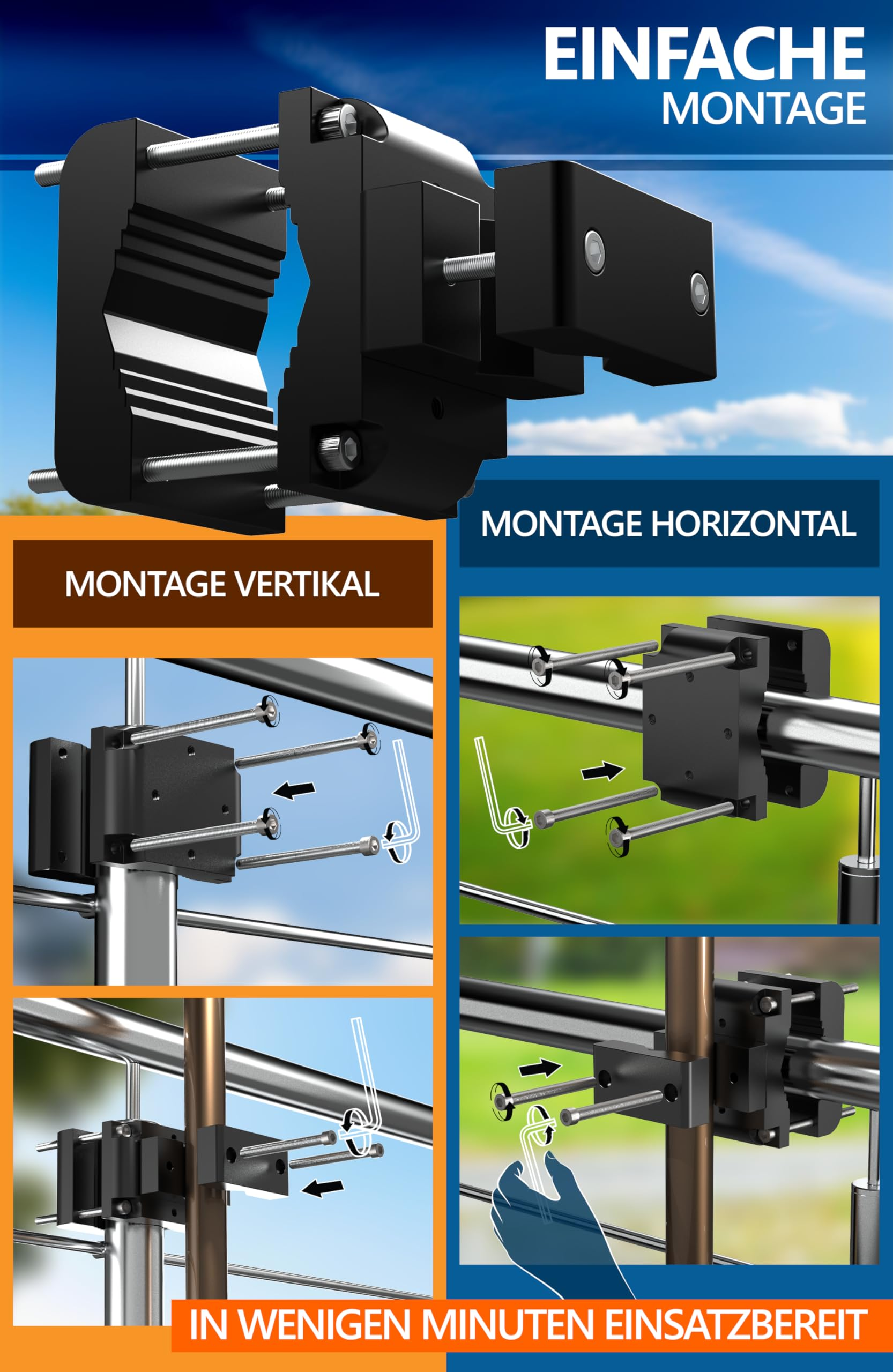 Diagramme montrant l'installation verticale et horizontale facile d'un support noir avec des vis.