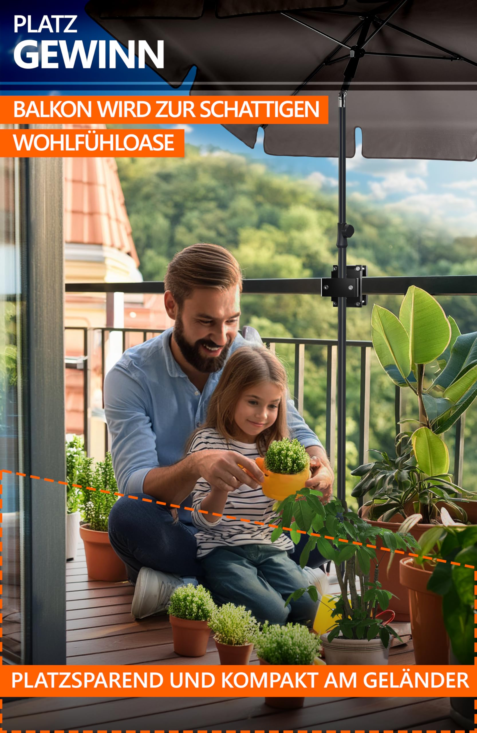 Un père et sa fille arrosent des plantes ensemble sur un balcon ensoleillé sous un parasol.