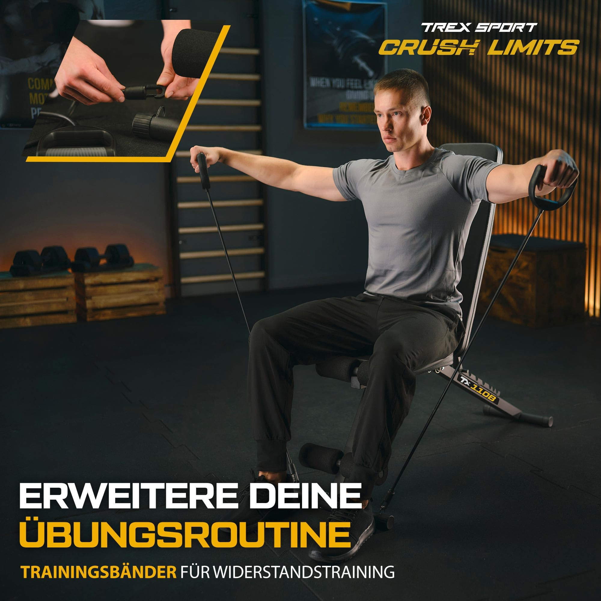 Ein Mann sitzt auf einer Trainingsbank und nutzt Widerstandsbänder, mit Detailbild im Inset.