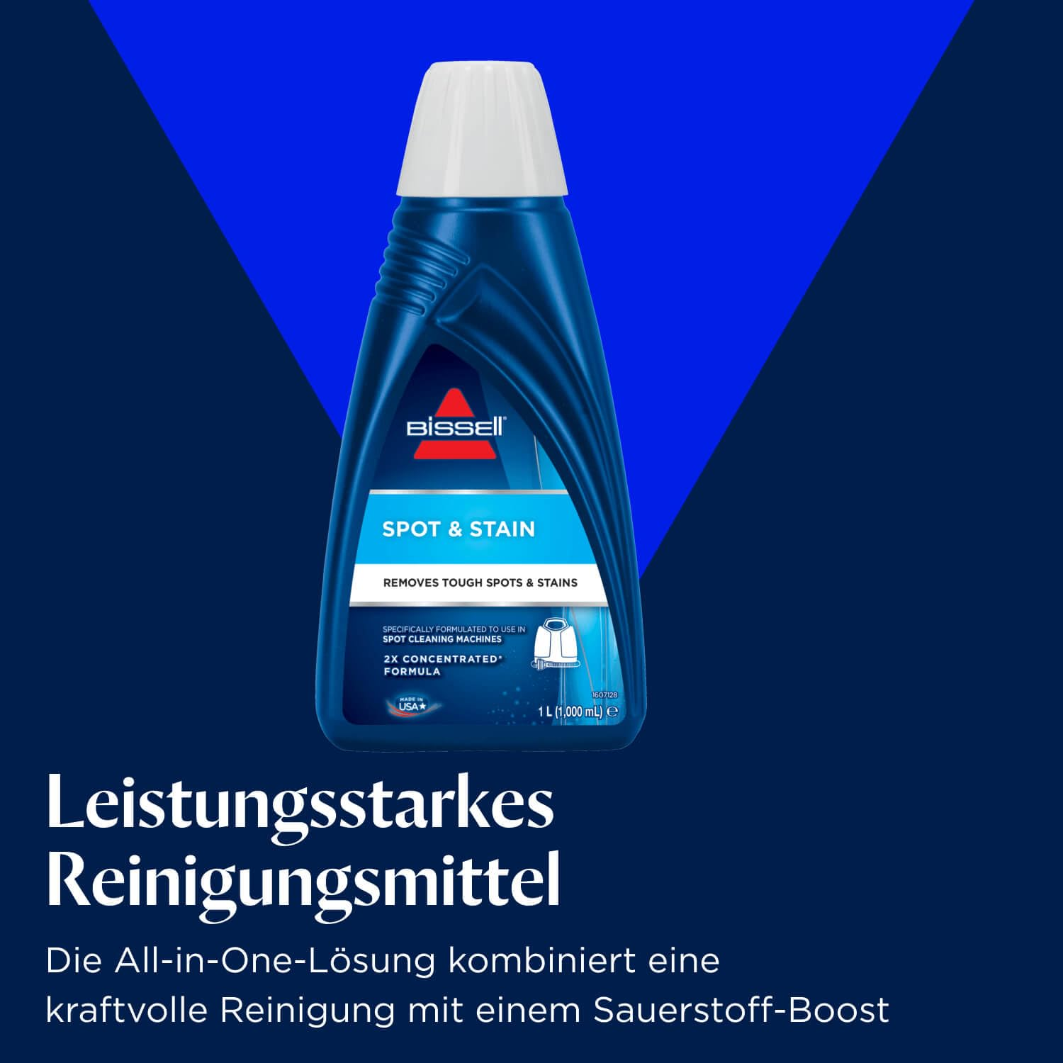 Flacone di detergente Bissell Spot & Stain blu su sfondo blu con testo promozionale in tedesco.