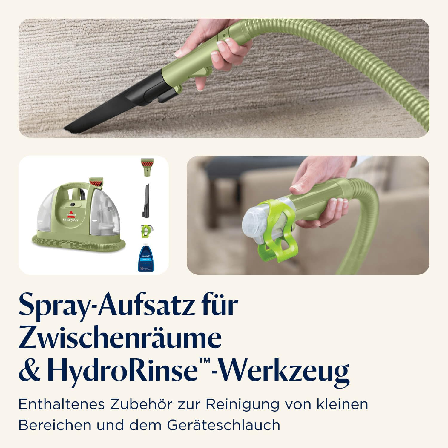 Mano tiene tubo verde per aspirapolvere con accessorio su tappeto, con accessori e testo.