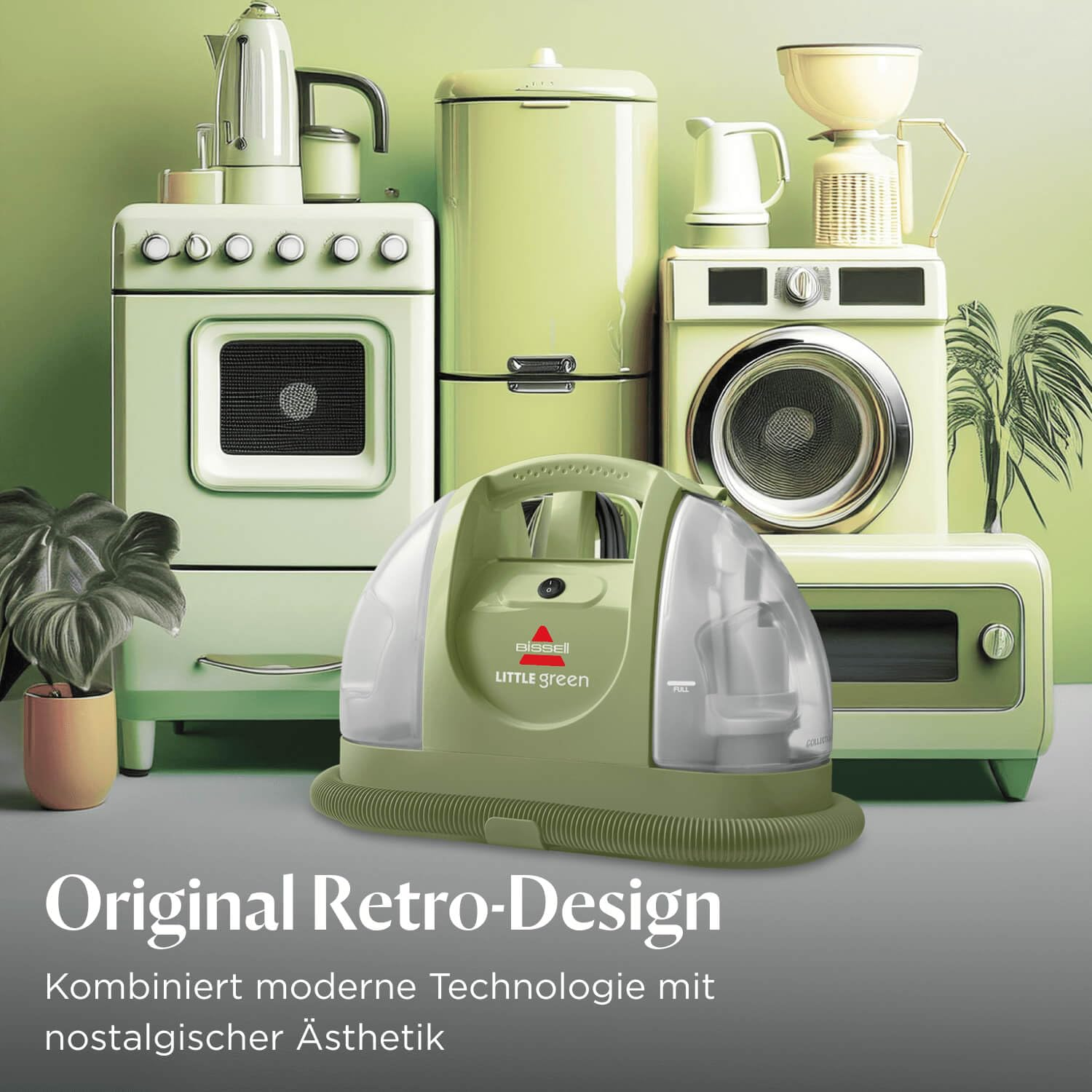 Pulitore verde Bissell Little Green davanti a elettrodomestici retro e piante.