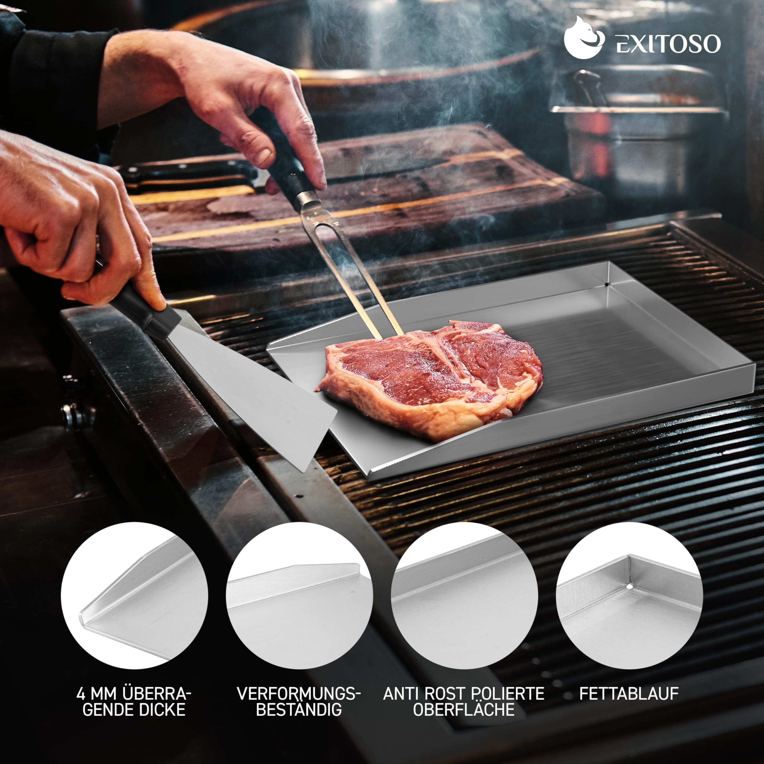 Ein Koch bereitet ein Steak auf einer Edelstahlplatte auf einem Grill vor, mit vier Detailbildern unten.