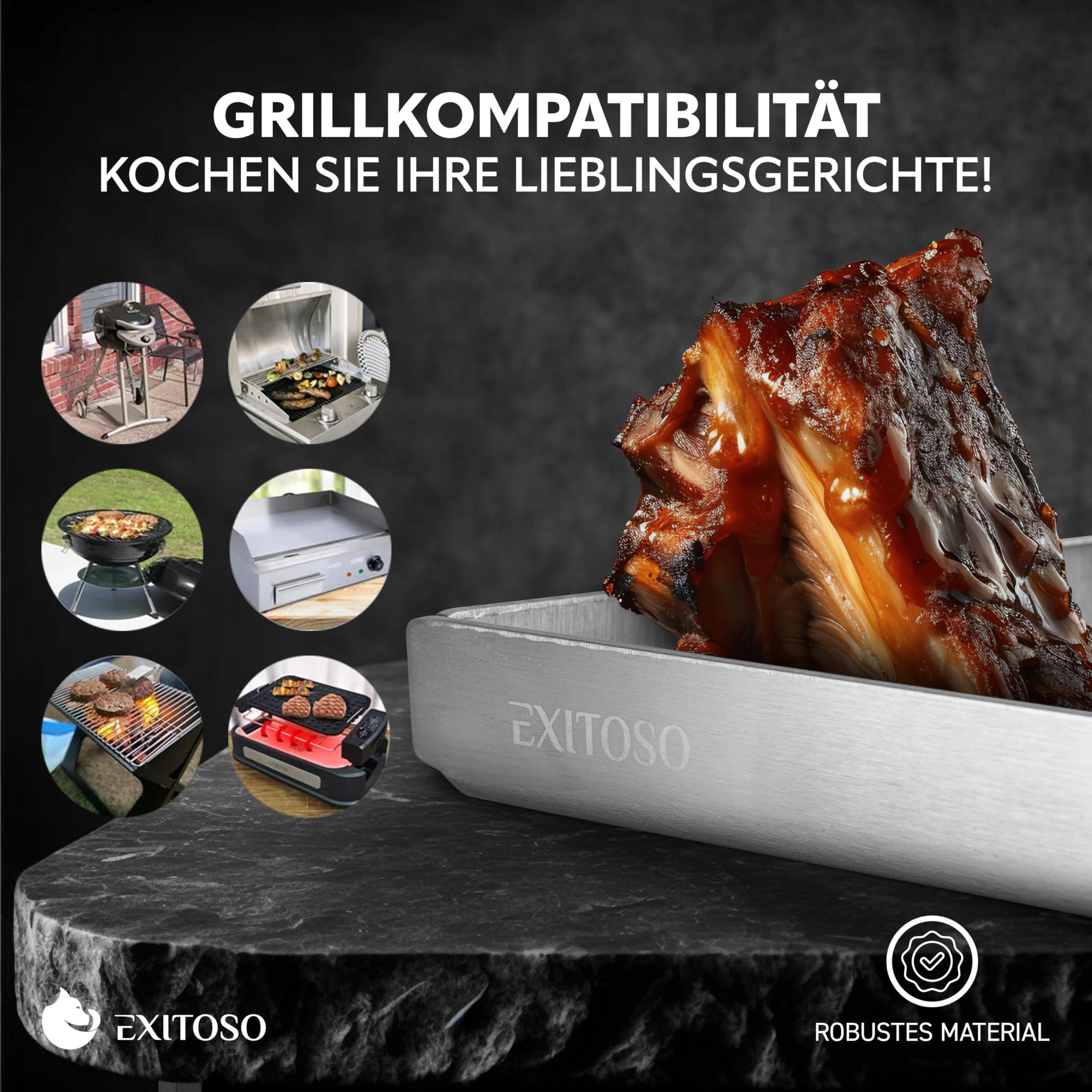 Glänzende Rippchen in einer Exitoso-Edelstahlschale, mit sechs kleinen Grillbildern im Hintergrund.