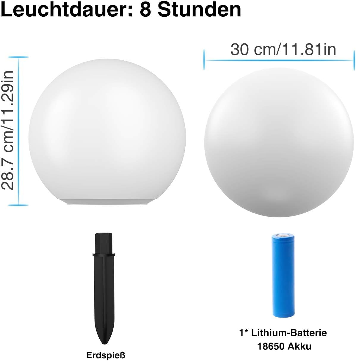 Disegno tecnico di una lampada sferica con dimensioni, picchetto da terra e batteria al litio su sfondo bianco.