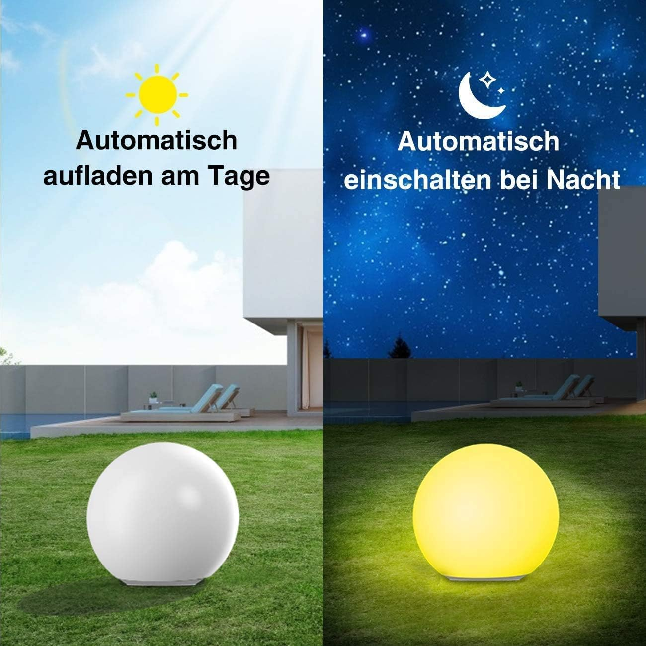 Confronto di due immagini: Una sfera da giardino bianca si ricarica di giorno e si illumina di giallo di notte.
