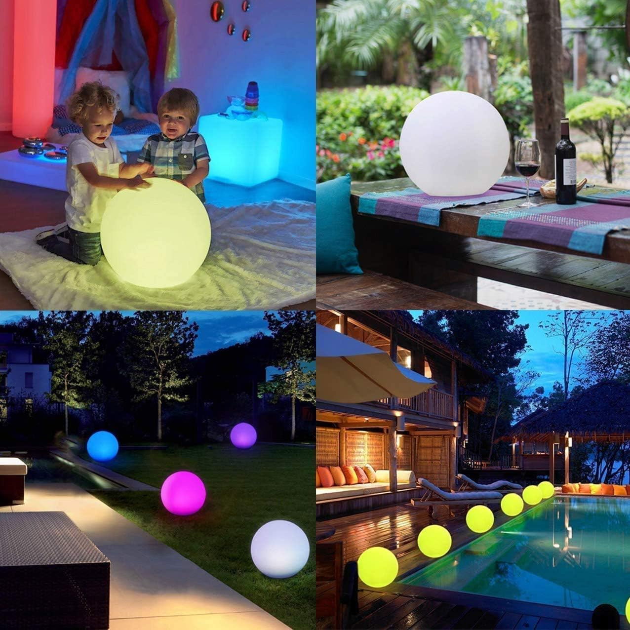 Un collage con sfere e cubi luminosi a LED in una sala giochi, su un tavolo all'aperto e in un giardino.