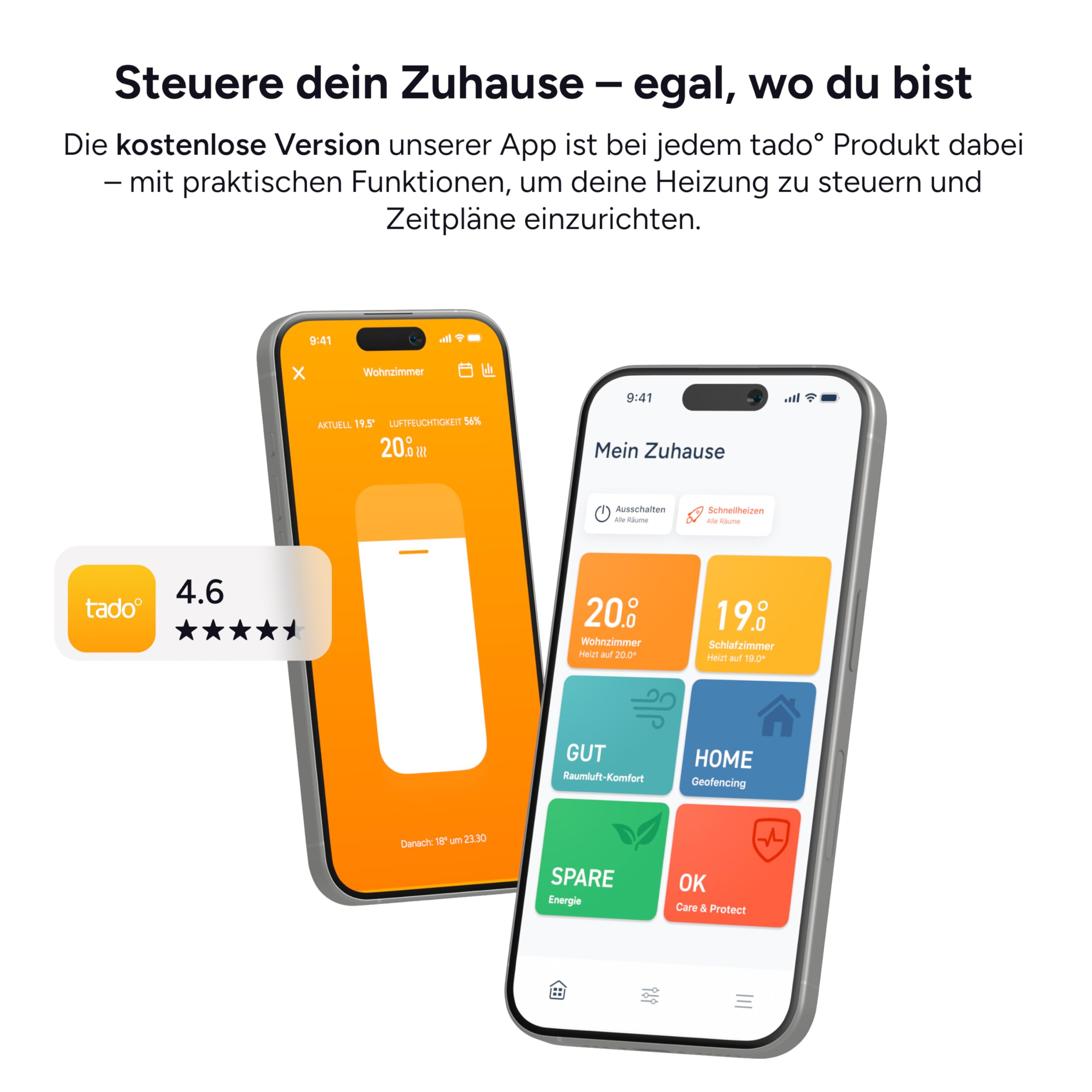 Zwei Smartphones zeigen die tado-App zur Heizungssteuerung mit Raumtemperaturen und Menüs.