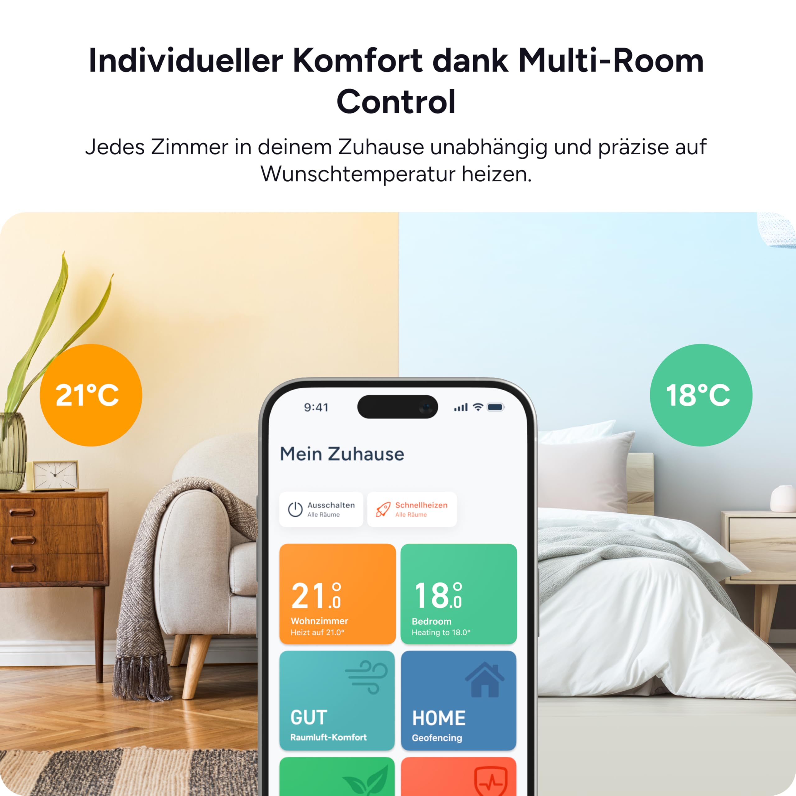 Smartphone zeigt Smart-Home-Heizungs-App mit verschiedenen Raumtemperaturen in einem Wohn- und Schlafzimmer.