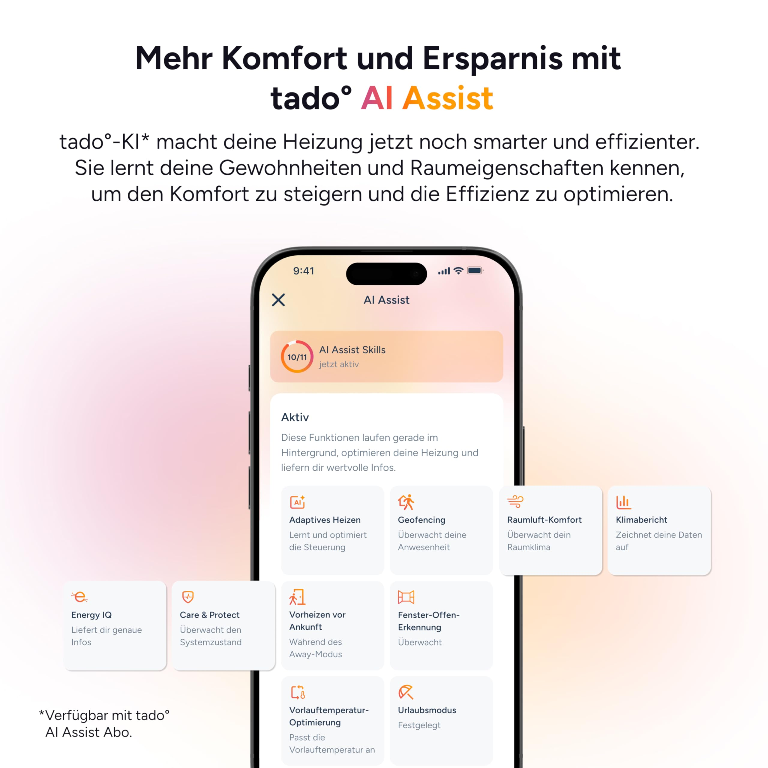 Smartphone-Bildschirm mit Tado AI Assist App, die Funktionen zur intelligenten Heizungssteuerung anzeigt.