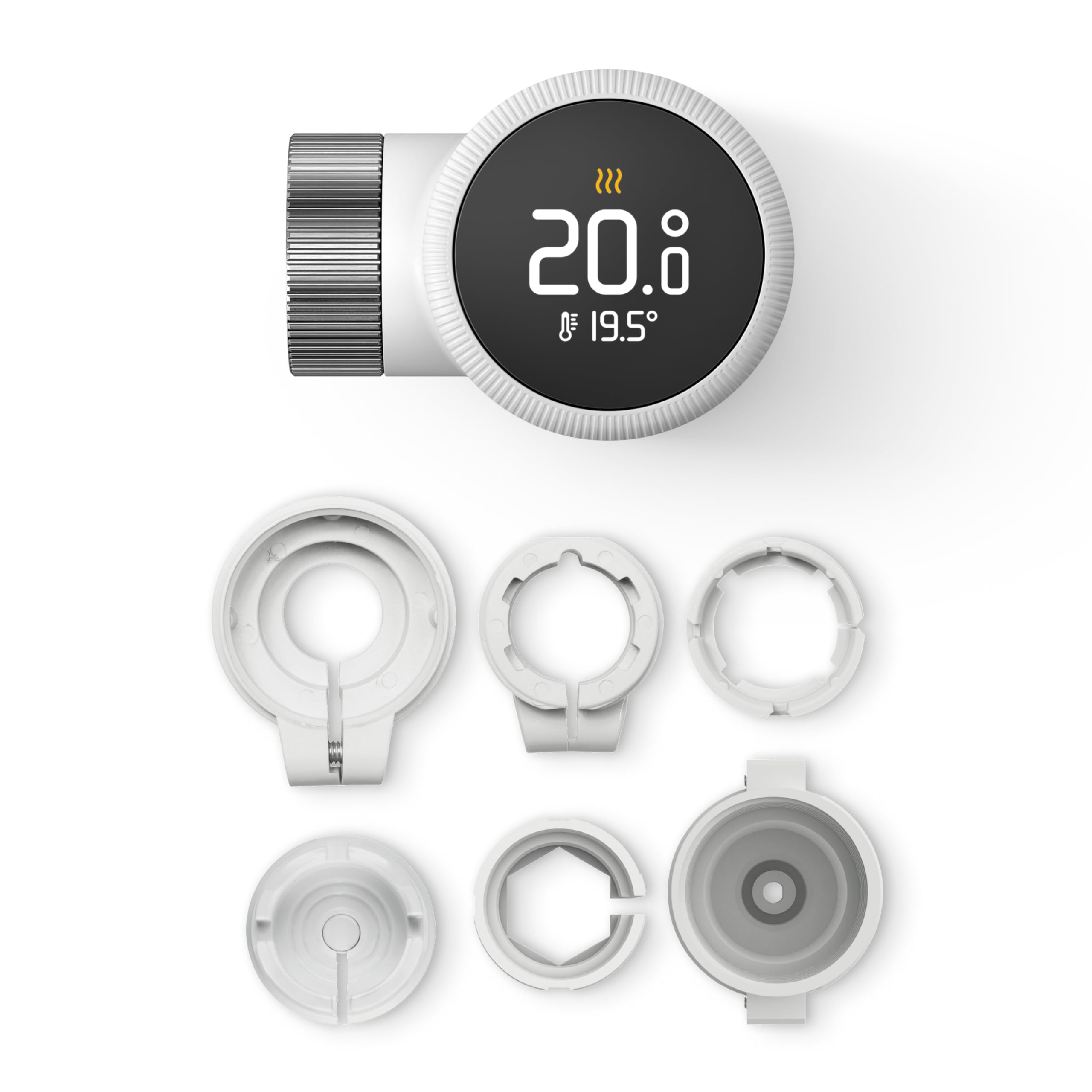 Ein weißer Smart-Thermostat mit digitalem Display und sechs verschiedenen Adaptern auf weißem Grund.