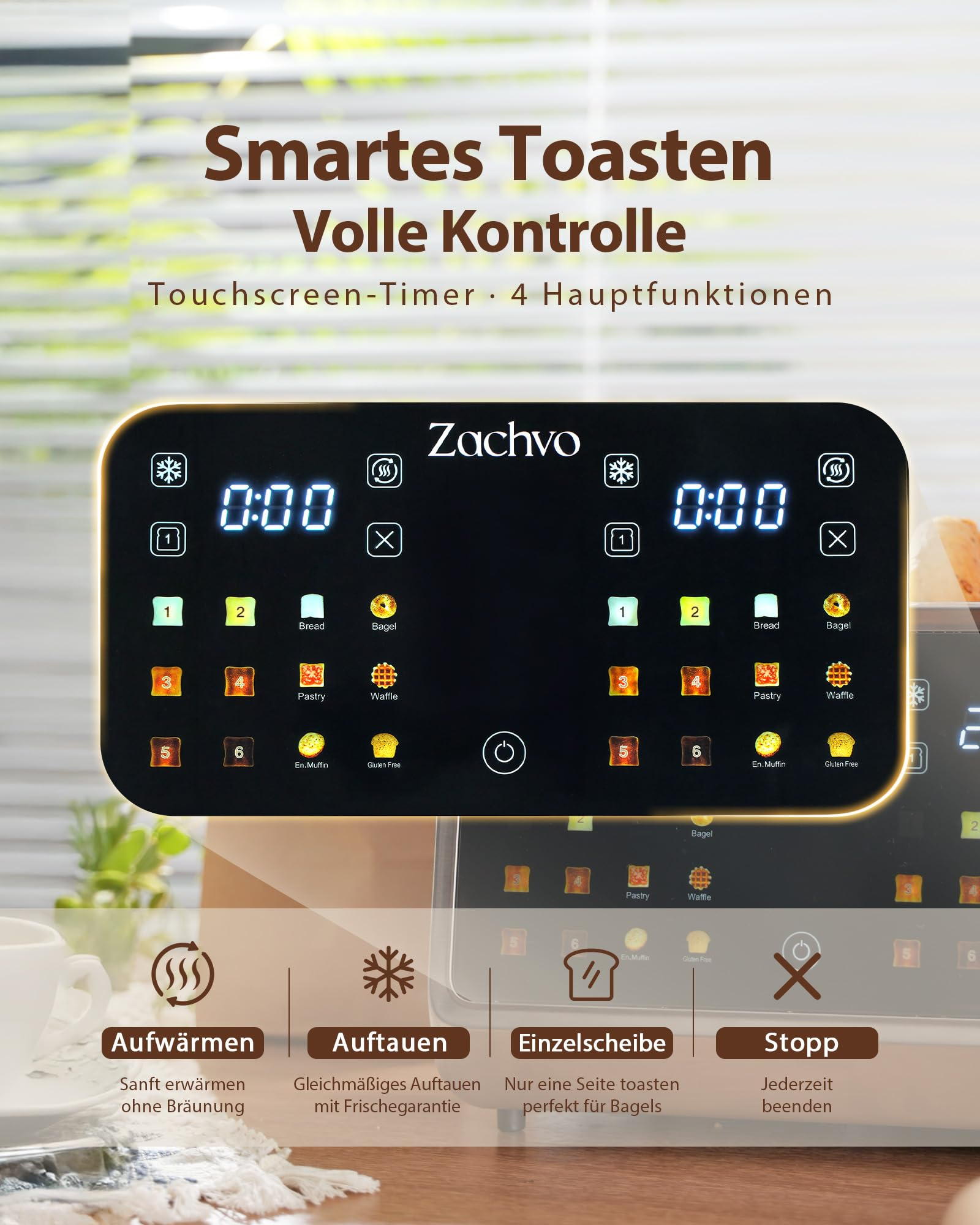Un pannello di controllo del tostapane Zachvo con timer digitale, pulsanti funzione e testo in tedesco.