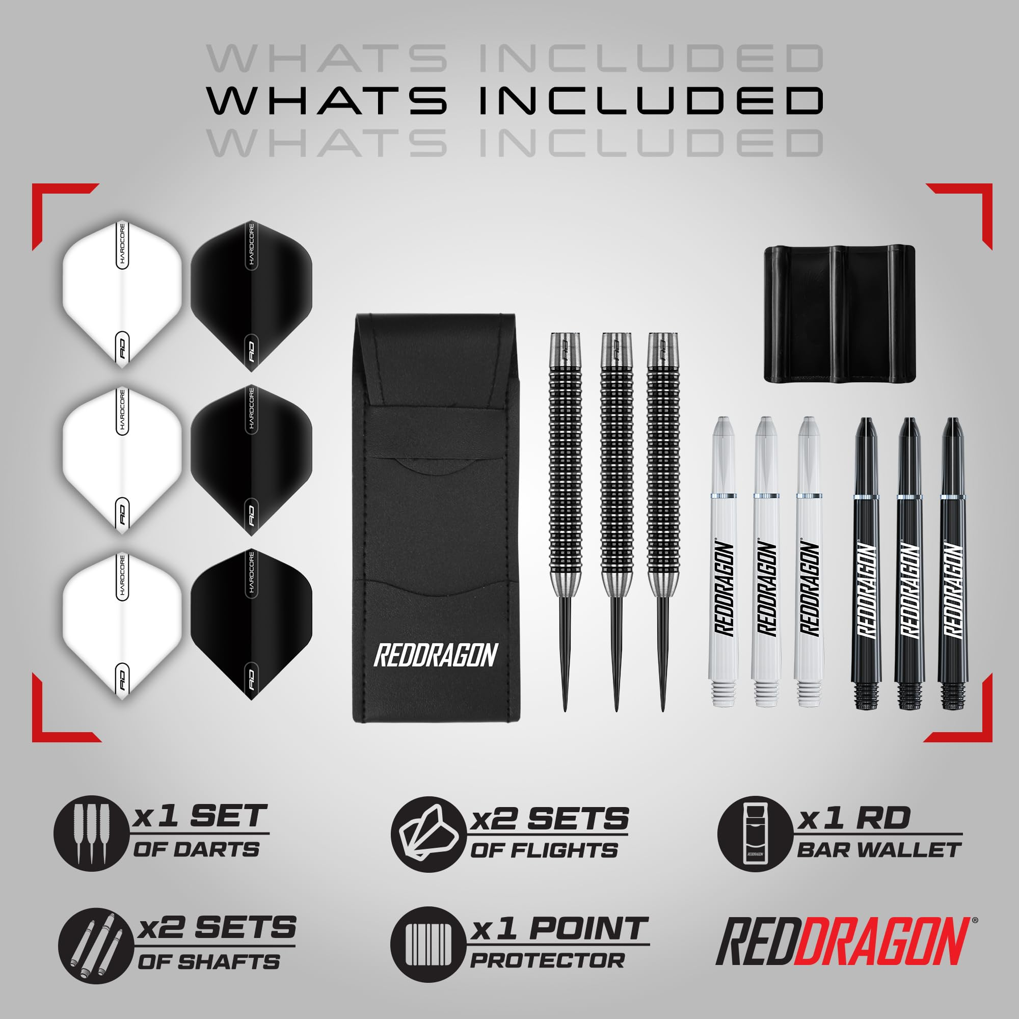 Darts-Set-Inhalt mit drei Darts, Flights, Schäften, Etui und Spitzenschutz.