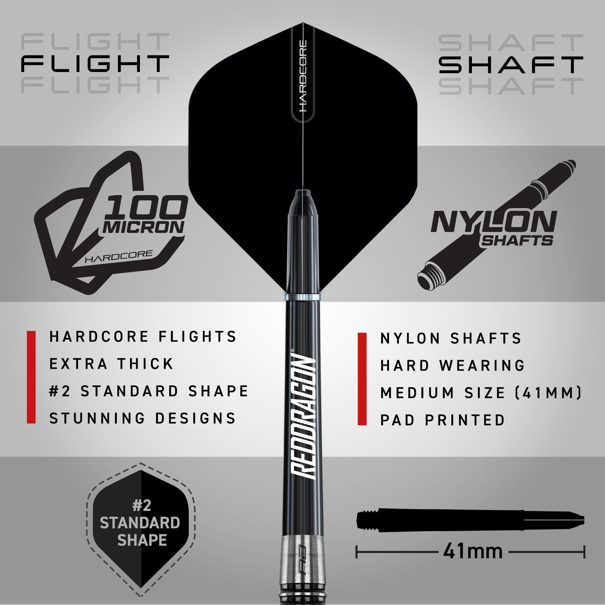 Werbegrafik für Red Dragon Darts mit schwarzem Flight und Nylonschaft auf grauem Hintergrund.