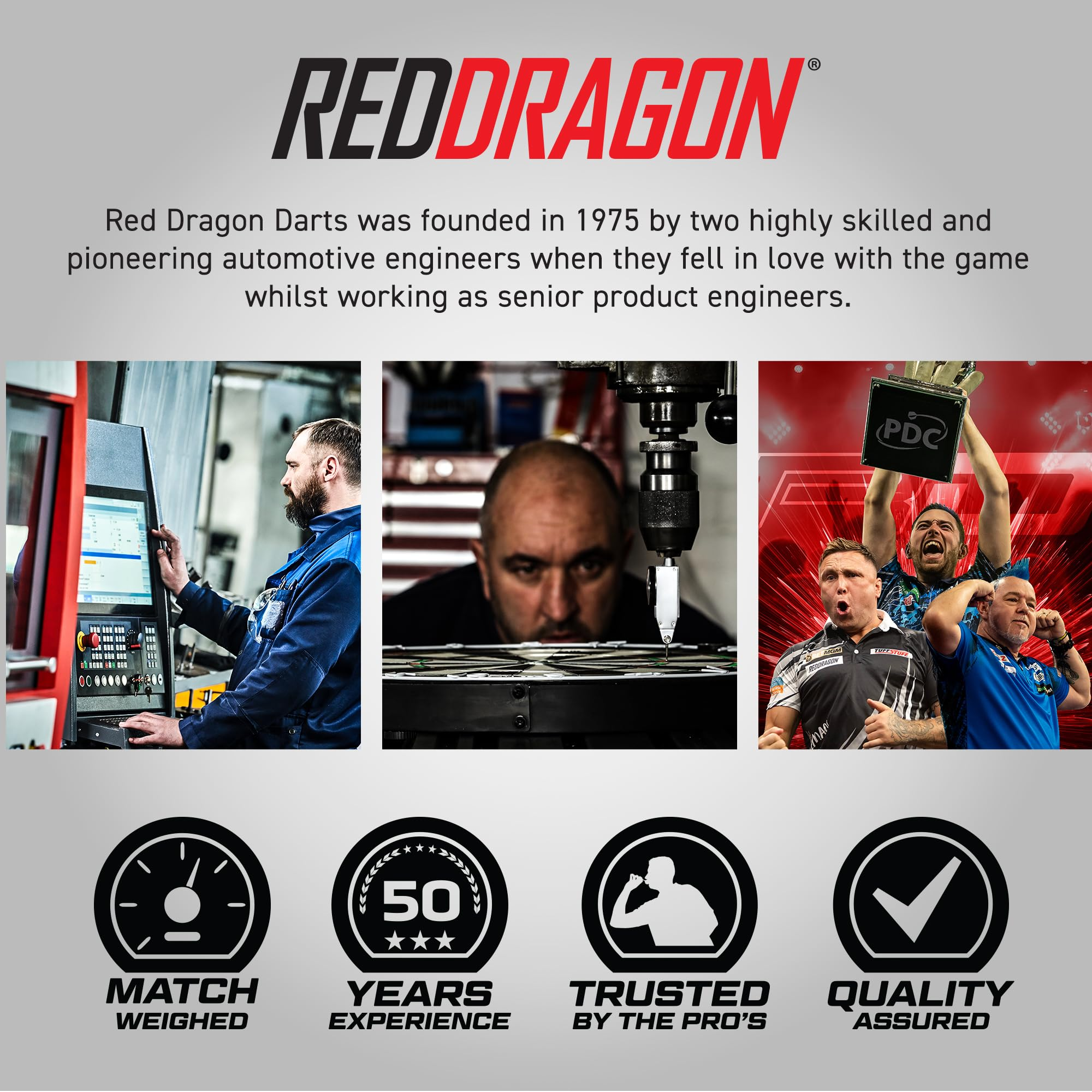 Red Dragon Darts Infografik mit Fabrikarbeitern, jubelnden Dartspielern und Qualitätssymbolen.