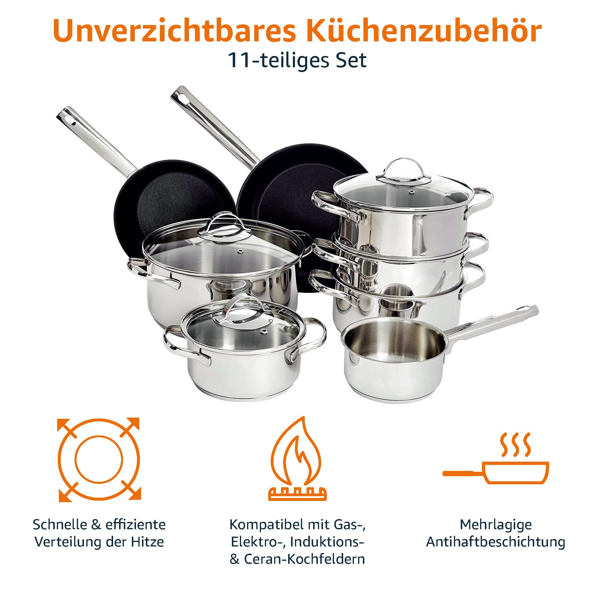 Set di pentole in acciaio inox da 11 pezzi con padelle e icone che indicano la distribuzione del calore.