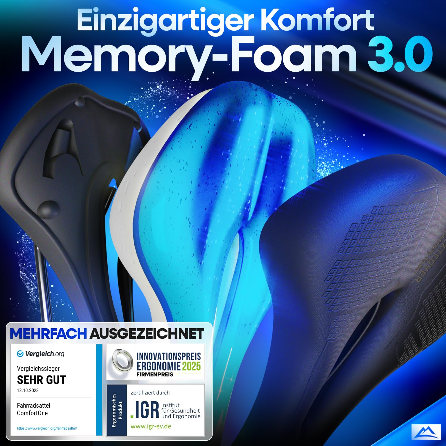 Immagine promozionale di una sella per bicicletta in memory foam con inserto in gel blu e premi ergonomici.