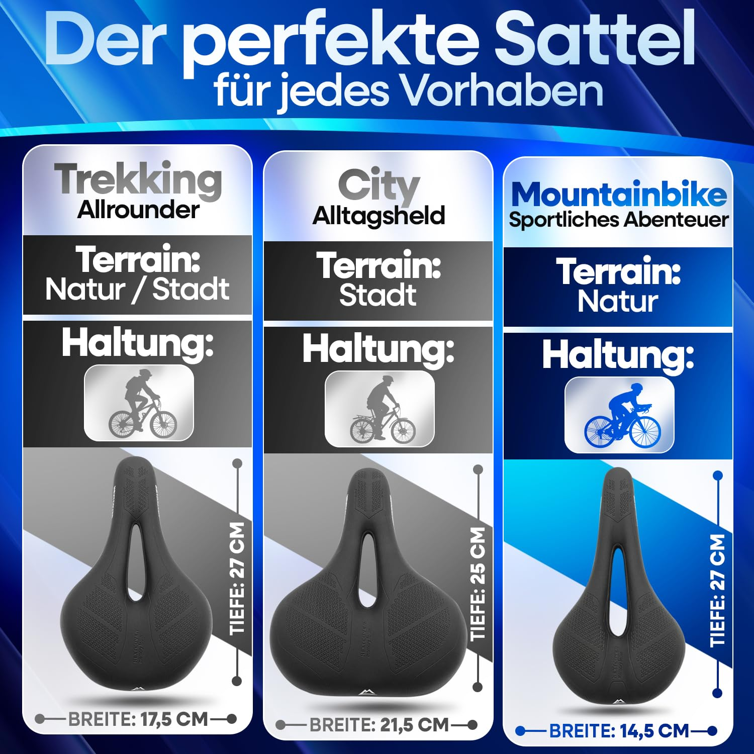 Panoramica di tre selle per bicicletta con dimensioni e usi per trekking, città e mountain bike.