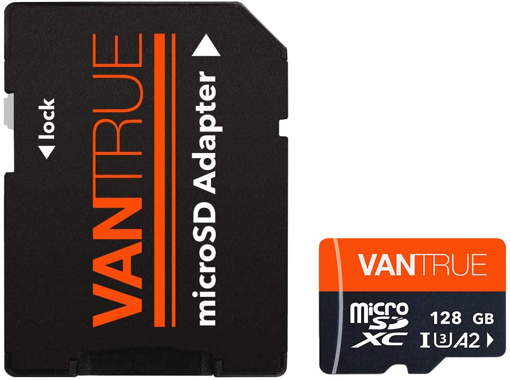 Eine Vantrue microSD-Speicherkarte mit Adapter auf weißem Hintergrund.