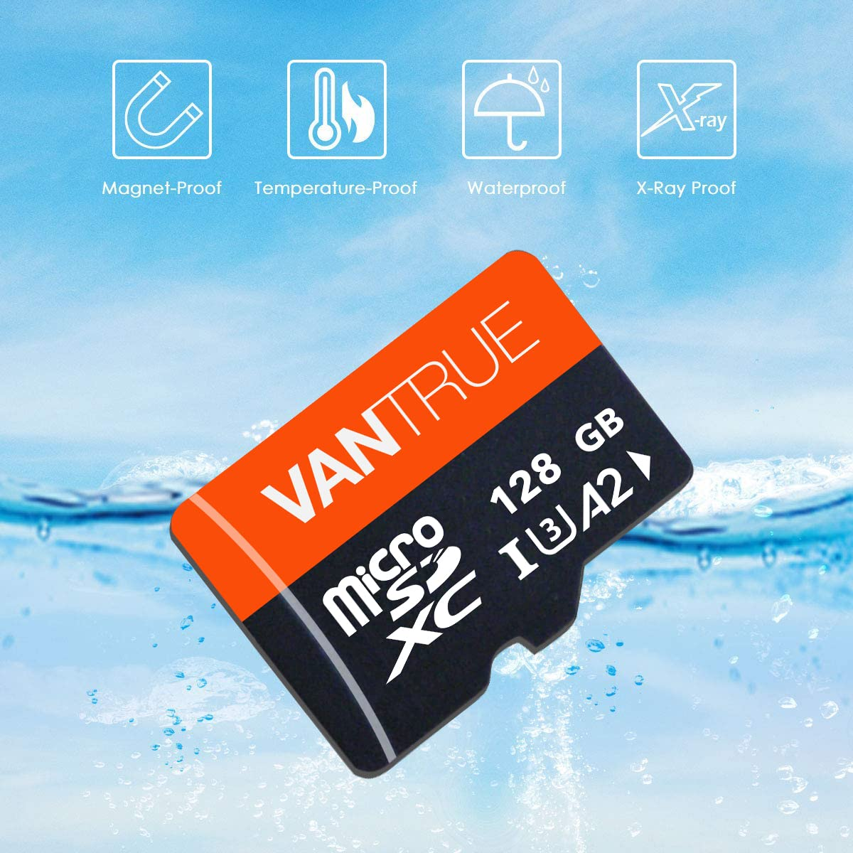 Eine Vantrue 128GB microSDXC Speicherkarte schwimmt unter Wasser mit Symbolen für Magnet-, Temperatur-, Wasser- und X-ray-Schutz.