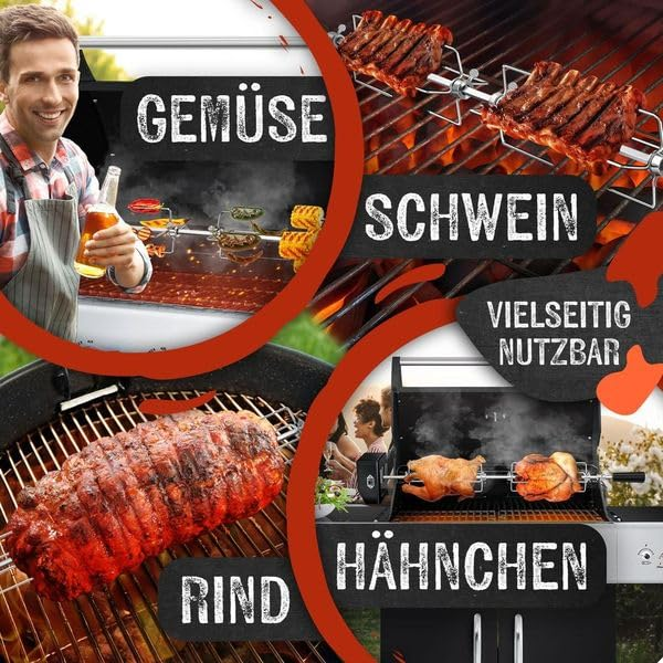 Eine Collage zeigt einen lächelnden Mann mit Bier, Rippchen, Rinderbraten und Hähnchen auf dem Grill.