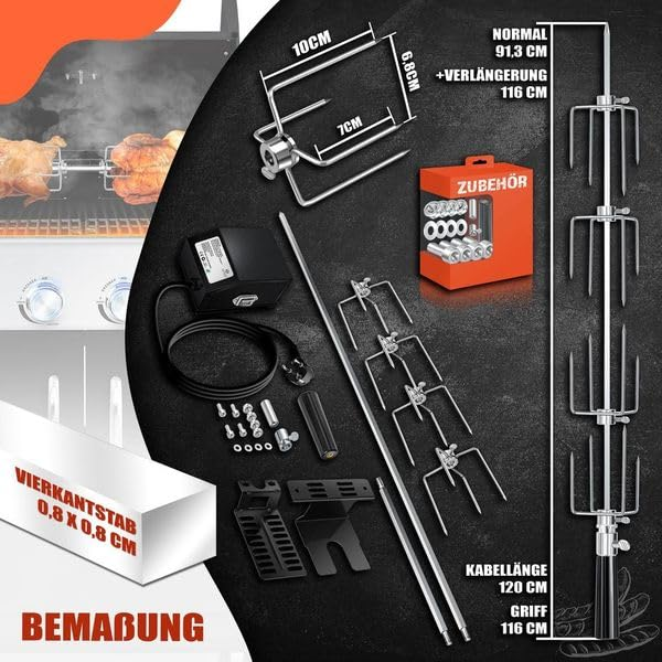 Grillspieß-Set mit Motor, Gabeln, Spießen und Halterungen auf schwarzem Hintergrund mit Maßen.