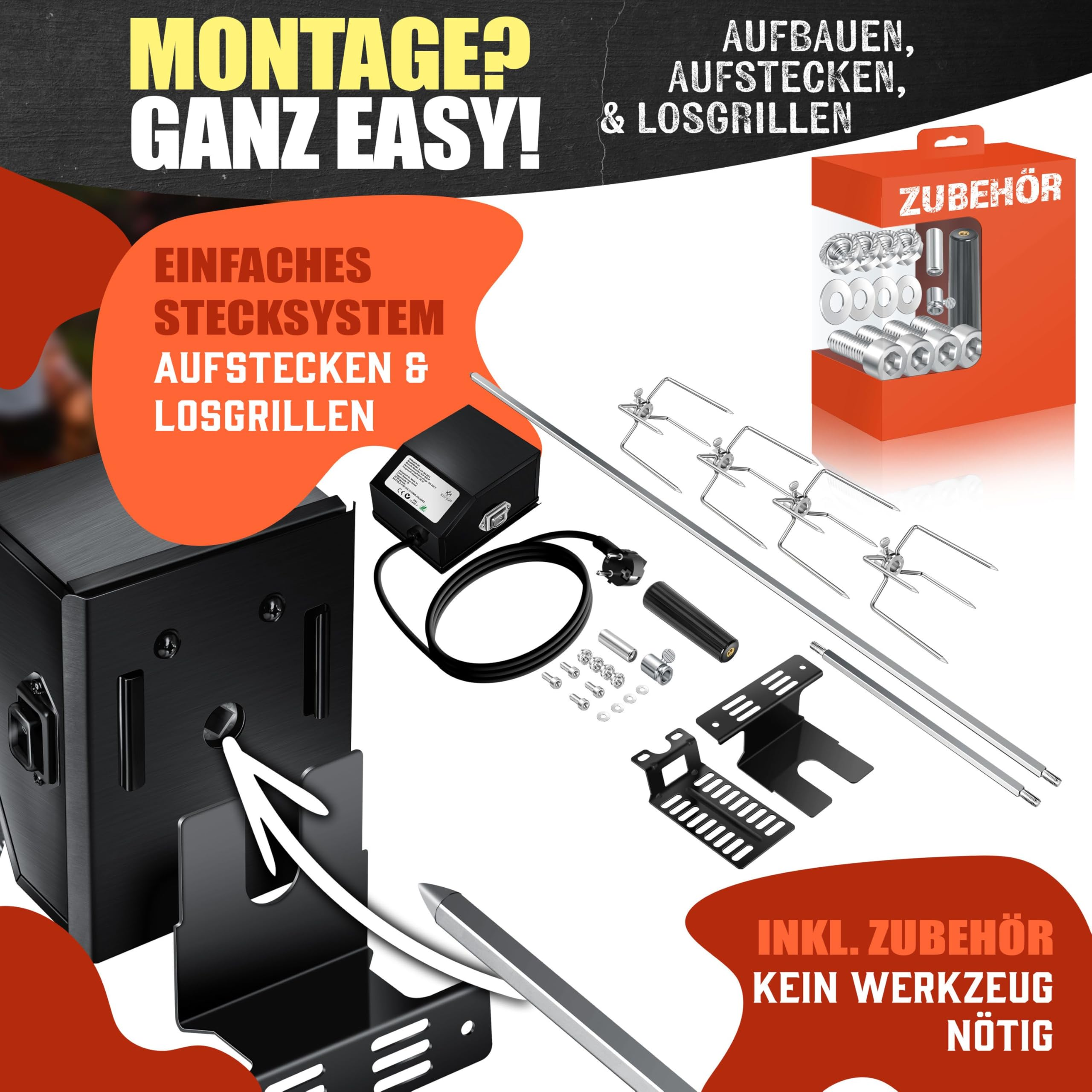 Grillzubehör und Motor mit Montageanleitung und Texten auf Deutsch.