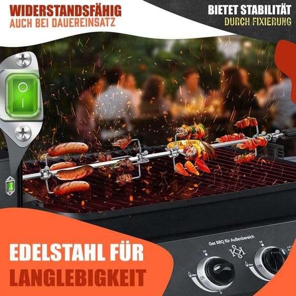 Ein Drehspieß mit Würstchen und Fleisch auf einem Grill, mit deutschem Werbetext und grünem Ein/Aus-Schalter.