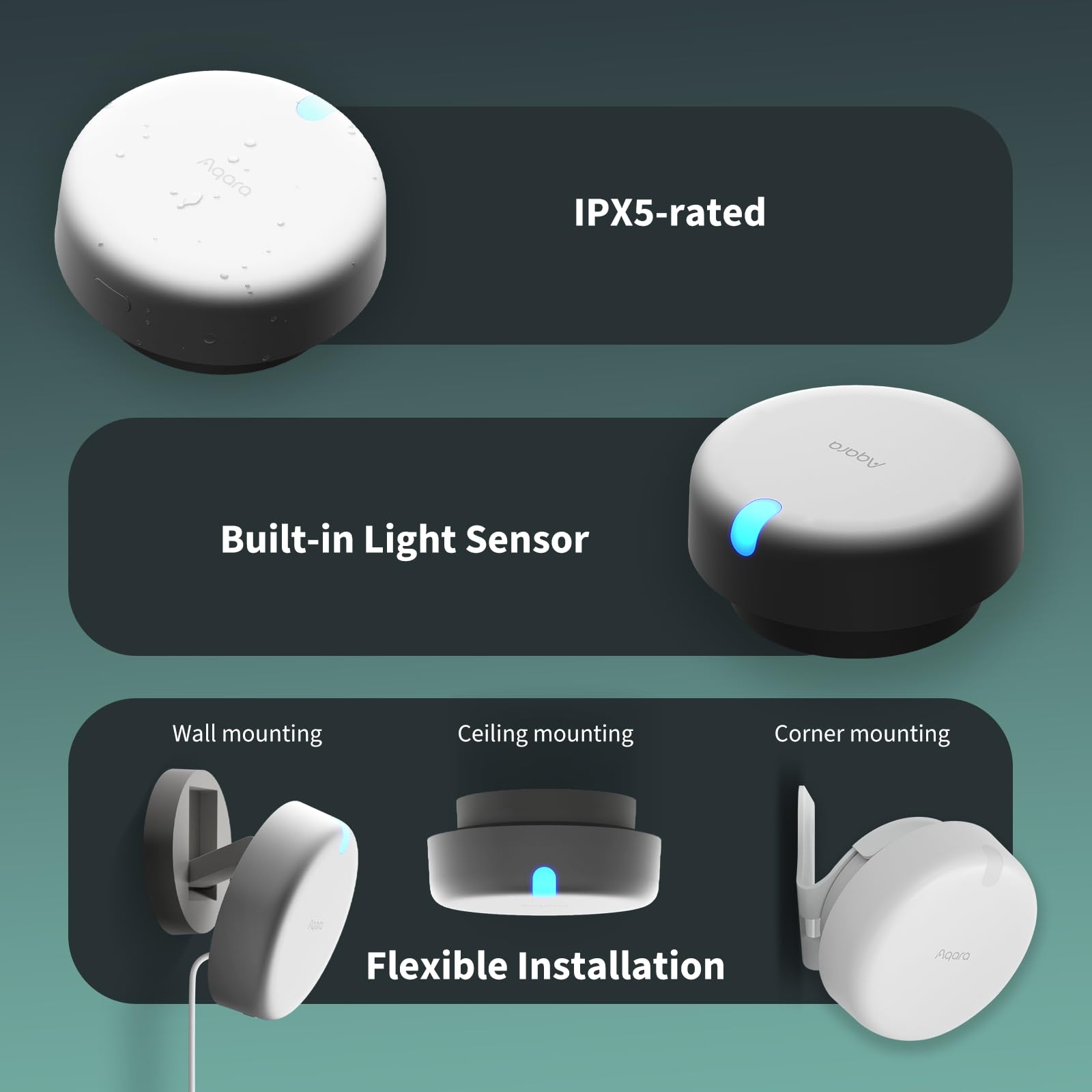 Appareil Aqara avec indice IPX5, capteur de lumière et options de montage flexibles.