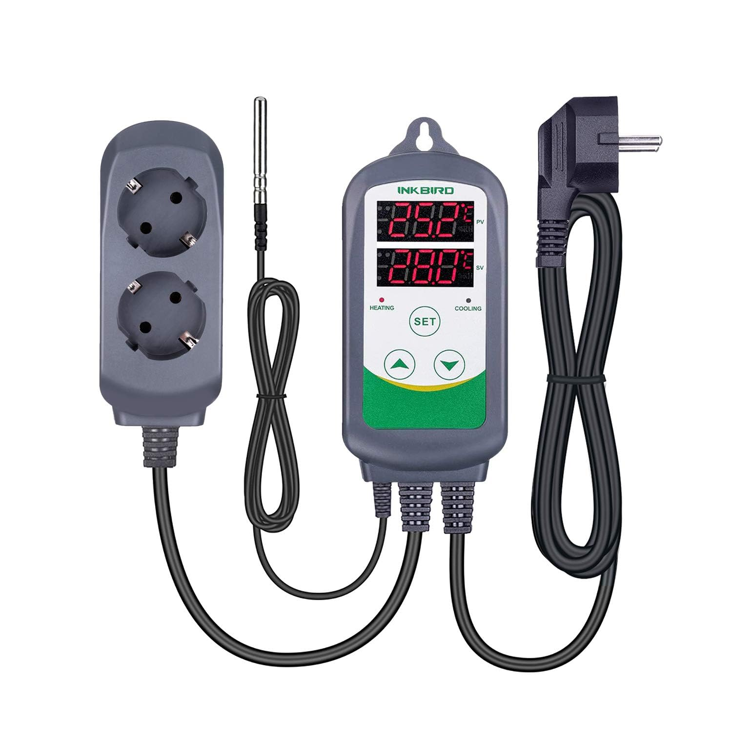 Inkbird digitaler Temperaturregler mit Steckdosen, Sensor und Netzkabel auf weißem Hintergrund.