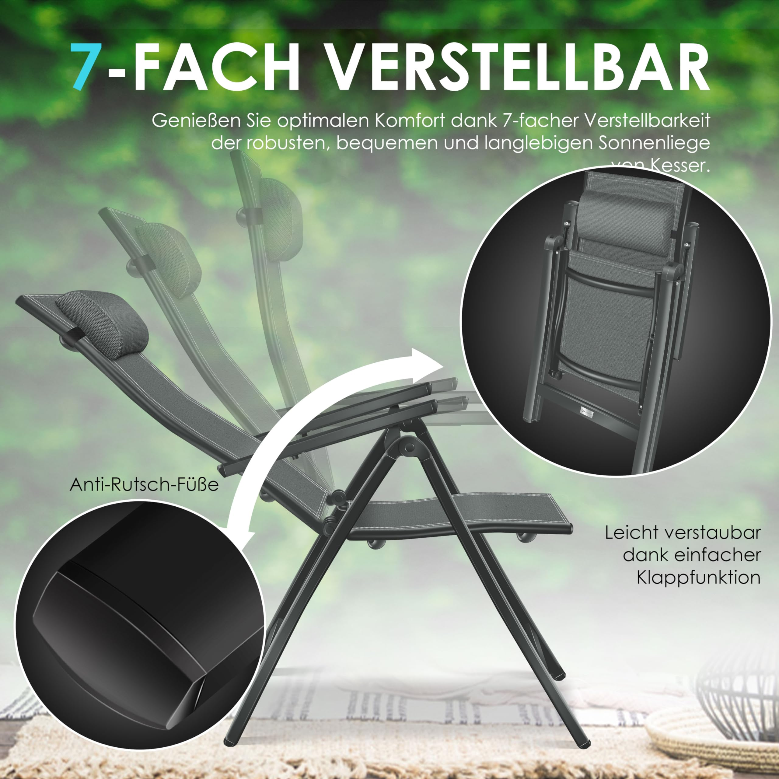 Verstellbare graue Sonnenliege mit anti-Rutsch-Füßen und Klappfunktion, im Detail gezeigt.
